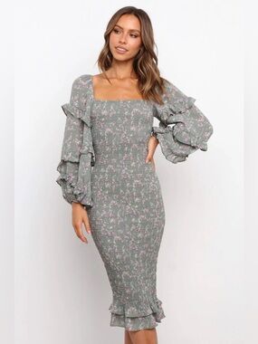 Petal & Pup Leia Shirred Ruffle Sleeve Bodycon Midi Dress 12